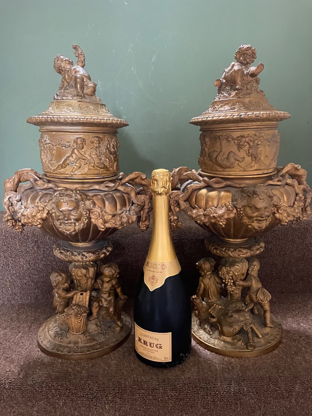 Pair of large late C19th French Napoleon III period gilt metal wine-coolers of circular form, after ‘Clodion’ . View XVIII