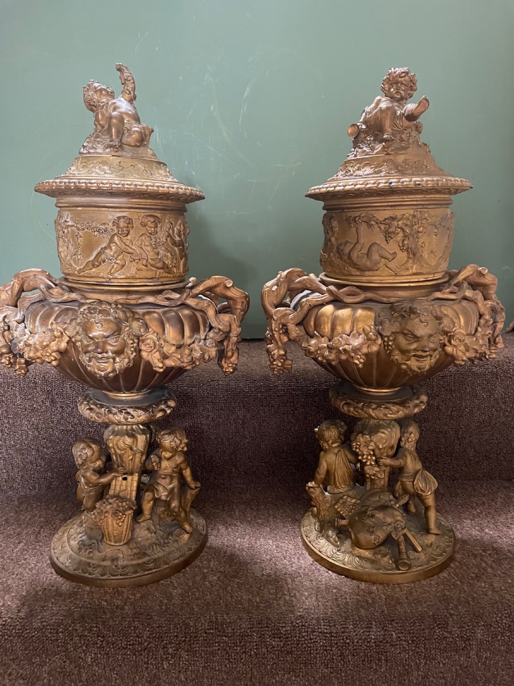 Pair of large late C19th French Napoleon III period gilt metal wine-coolers of circular form, after ‘Clodion’ . View XXV