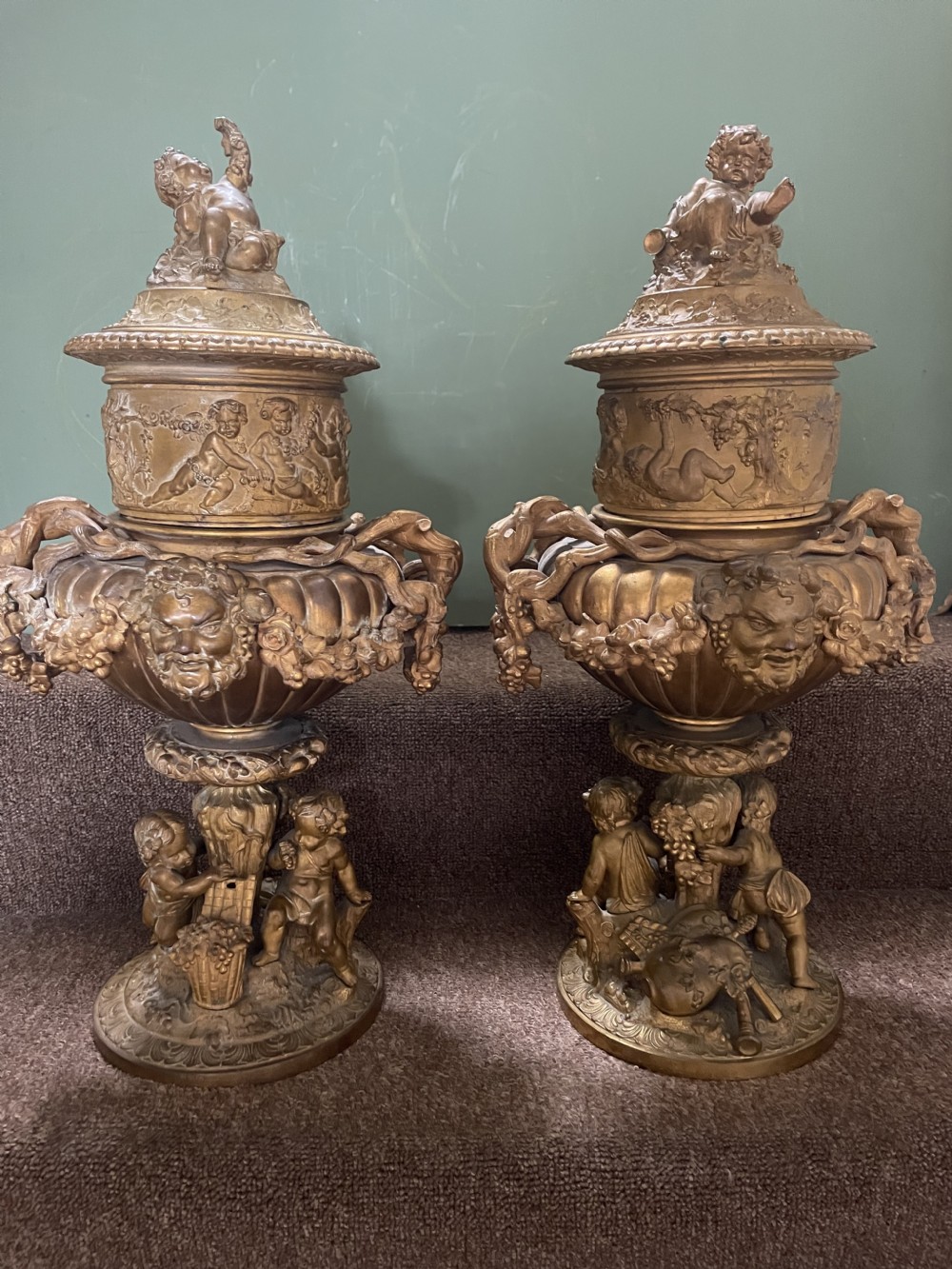 Pair of large late C19th French Napoleon III period gilt metal wine-coolers of circular form, after ‘Clodion’ . View XXVII