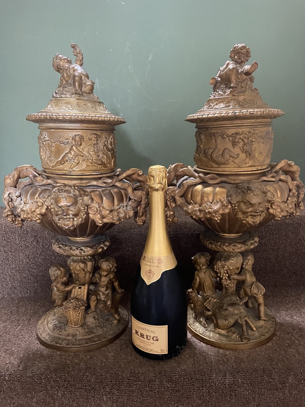 Pair of large late C19th French Napoleon III period gilt metal wine-coolers of circular form, after ‘Clodion’ . View X