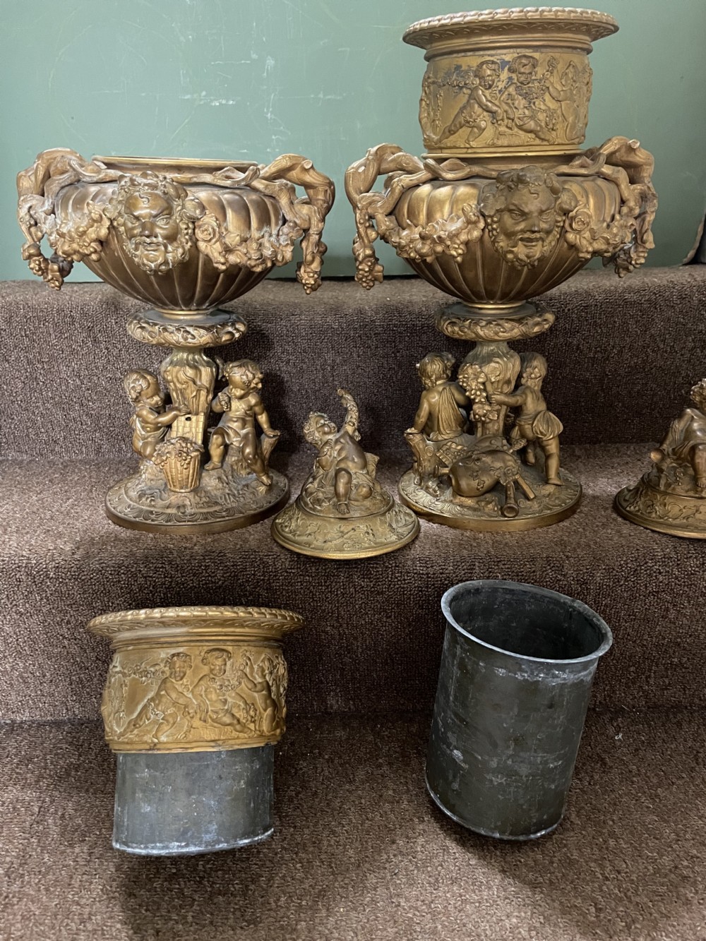 Pair of large late C19th French Napoleon III period gilt metal wine-coolers of circular form, after ‘Clodion’ . View XXVIII