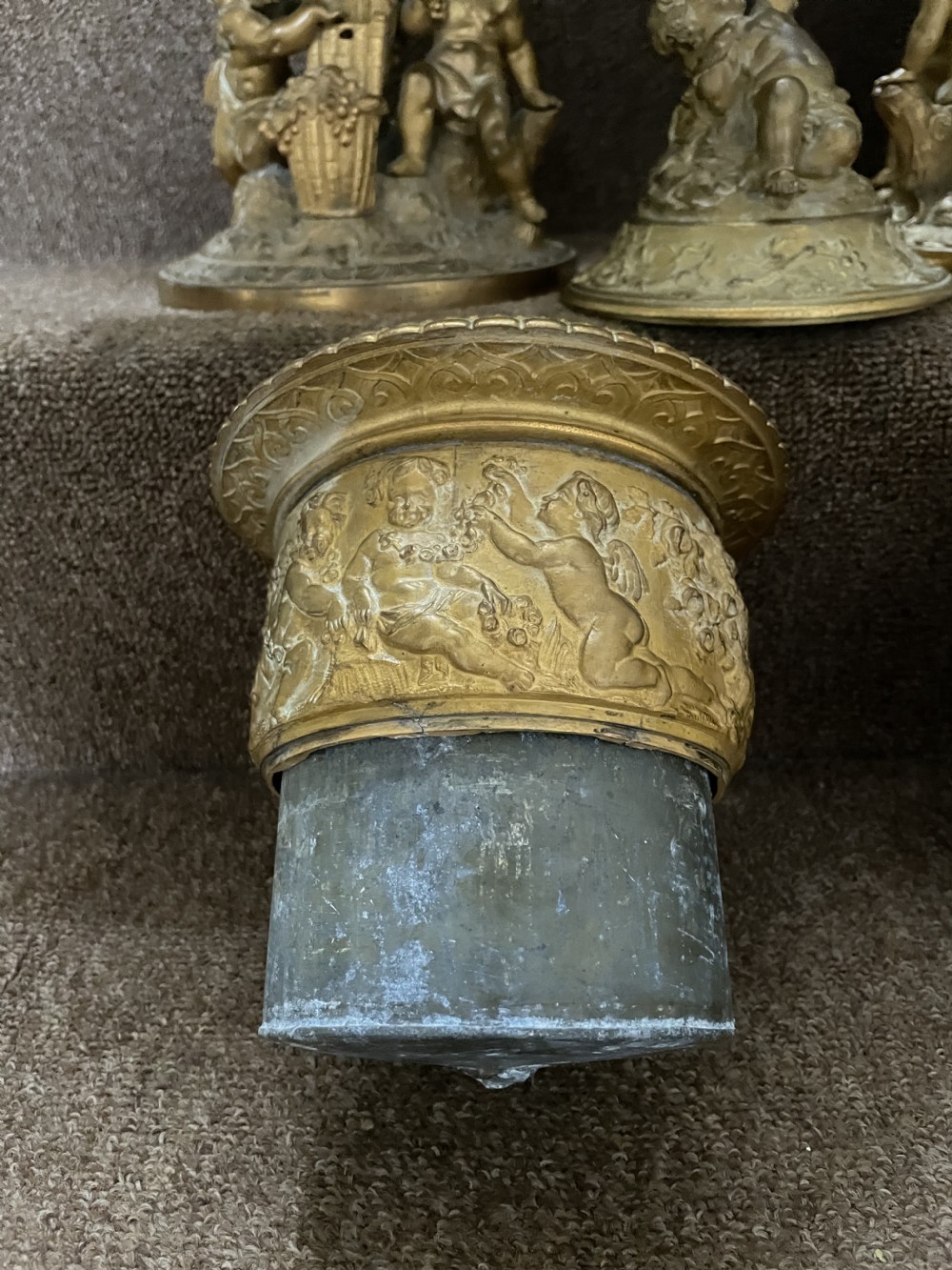 Pair of large late C19th French Napoleon III period gilt metal wine-coolers of circular form, after ‘Clodion’ . View XV