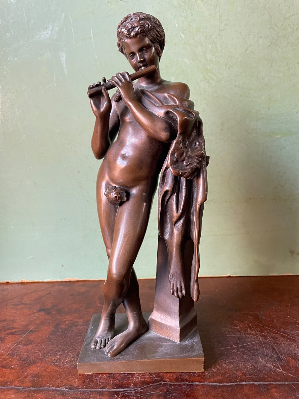 Late C19th French bronze ‘Grand Tour’ souvenir study , after the antique, “ Faun with Pipes “ by Ferdinand Barbedienne foundry .