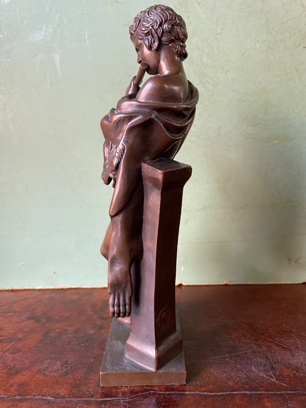 Late C19th French bronze ‘Grand Tour’ souvenir study , after the antique, “ Faun with Pipes “ by Ferdinand Barbedienne foundry . View II