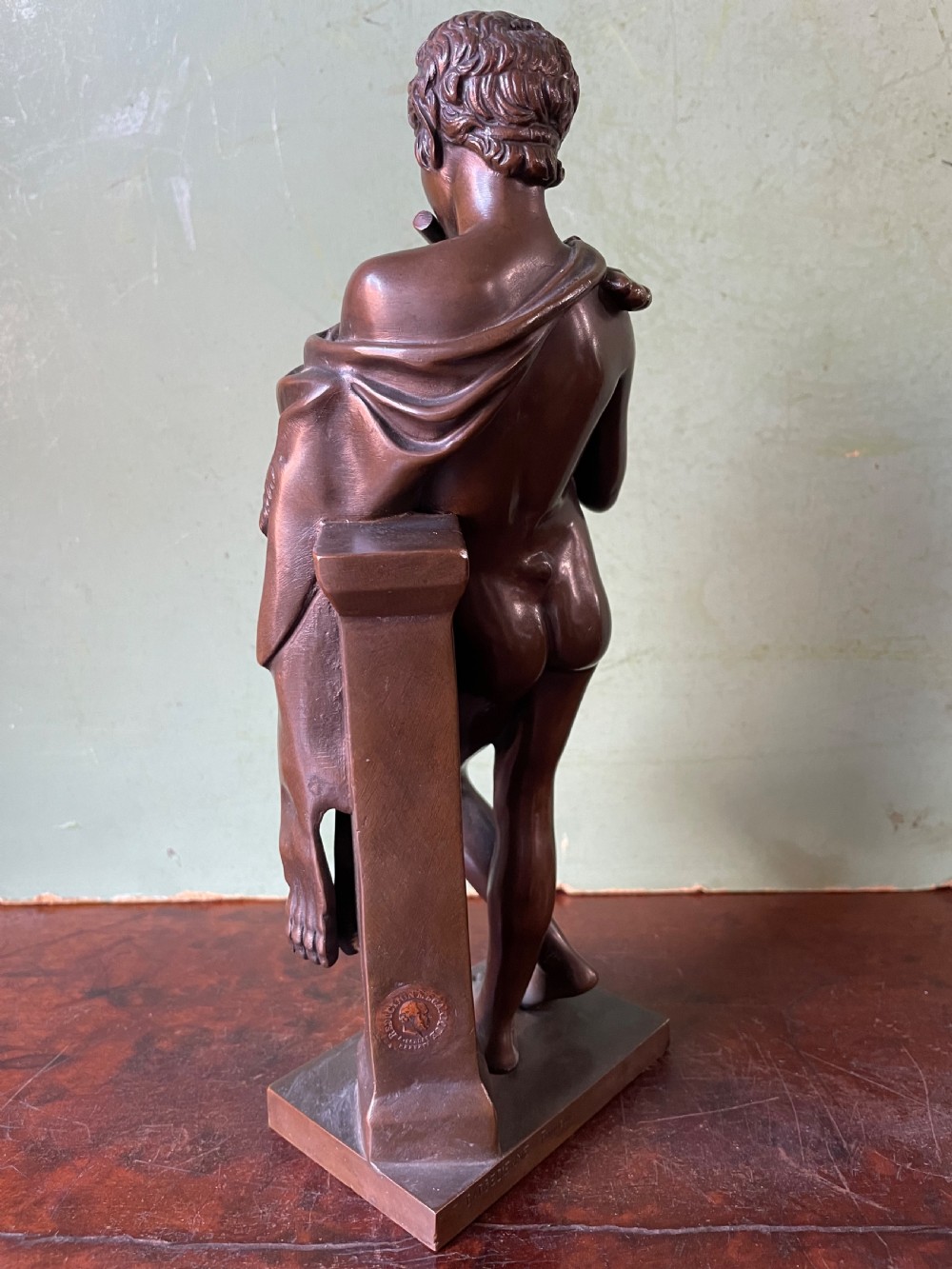 Late C19th French bronze ‘Grand Tour’ souvenir study , after the antique, “ Faun with Pipes “ by Ferdinand Barbedienne foundry . View III