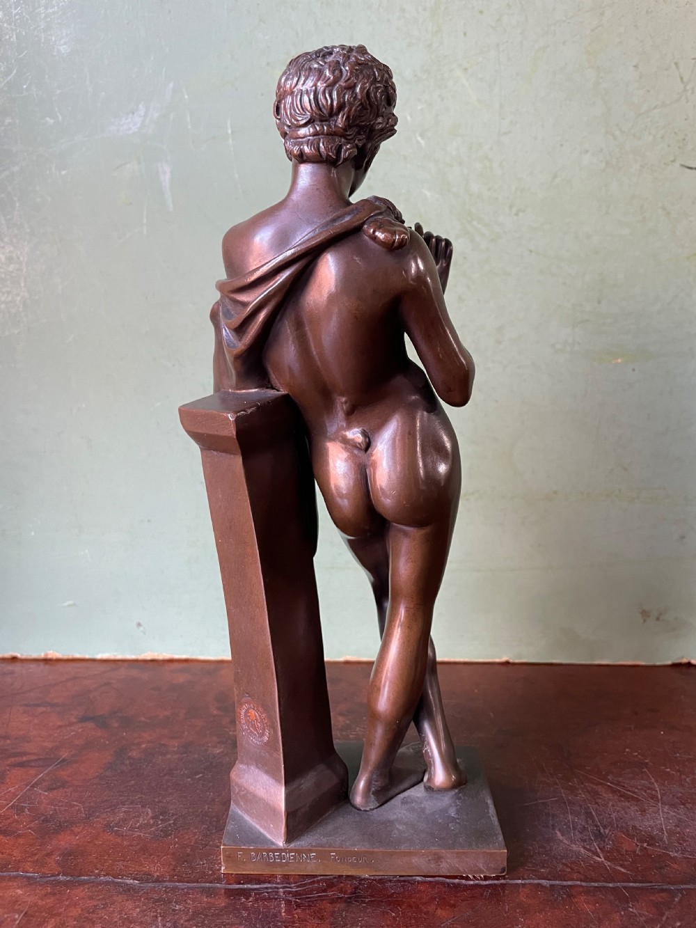 Late C19th French bronze ‘Grand Tour’ souvenir study , after the antique, “ Faun with Pipes “ by Ferdinand Barbedienne foundry . View IV
