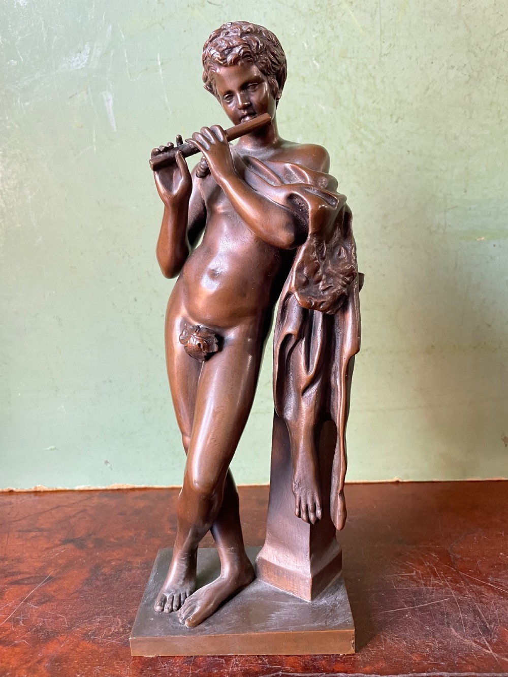 Late C19th French bronze ‘Grand Tour’ souvenir study , after the antique, “ Faun with Pipes “ by Ferdinand Barbedienne foundry . View V