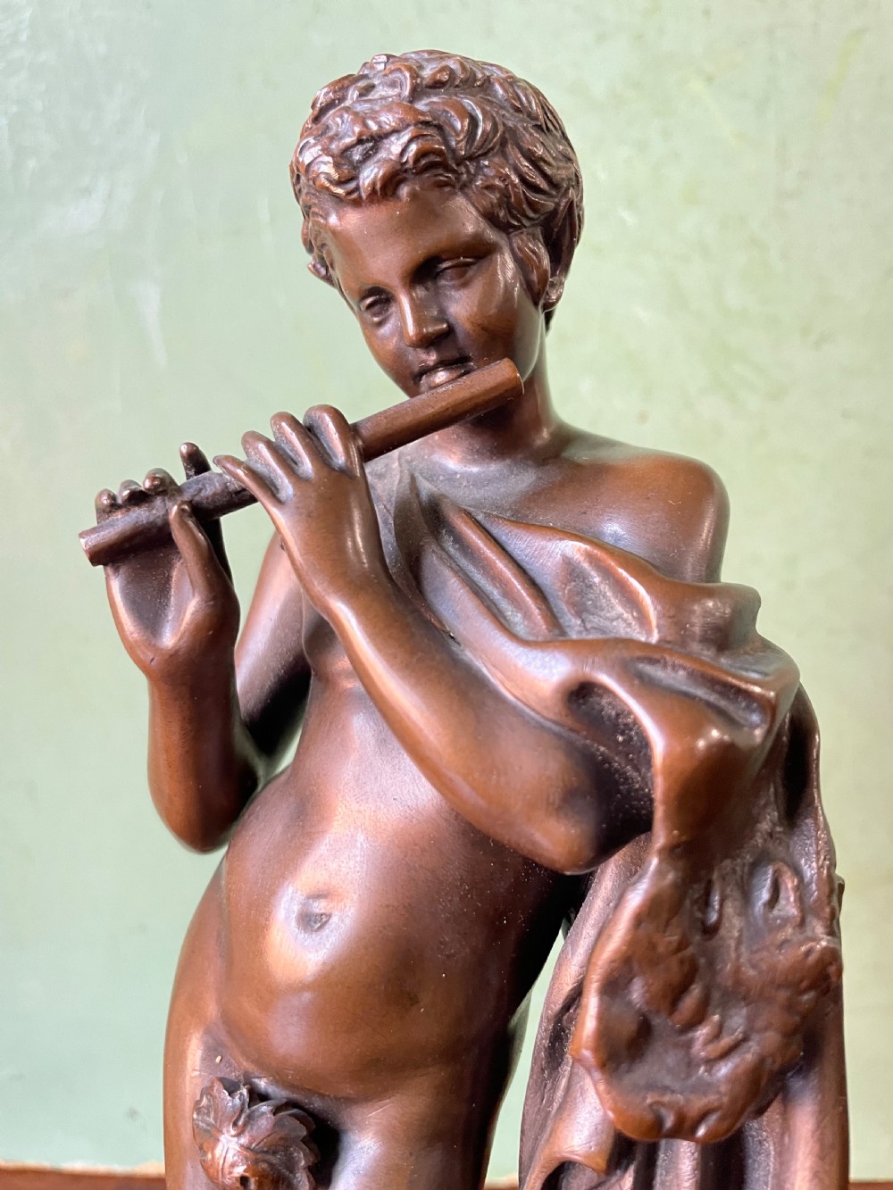Late C19th French bronze ‘Grand Tour’ souvenir study , after the antique, “ Faun with Pipes “ by Ferdinand Barbedienne foundry . View VIII