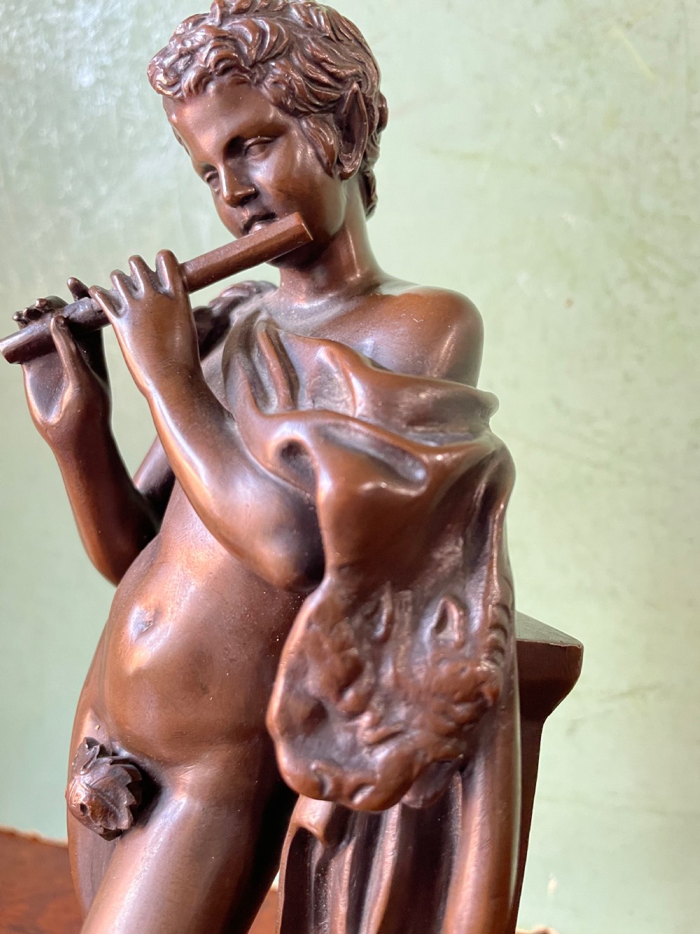 Late C19th French bronze ‘Grand Tour’ souvenir study , after the antique, “ Faun with Pipes “ by Ferdinand Barbedienne foundry . View IX