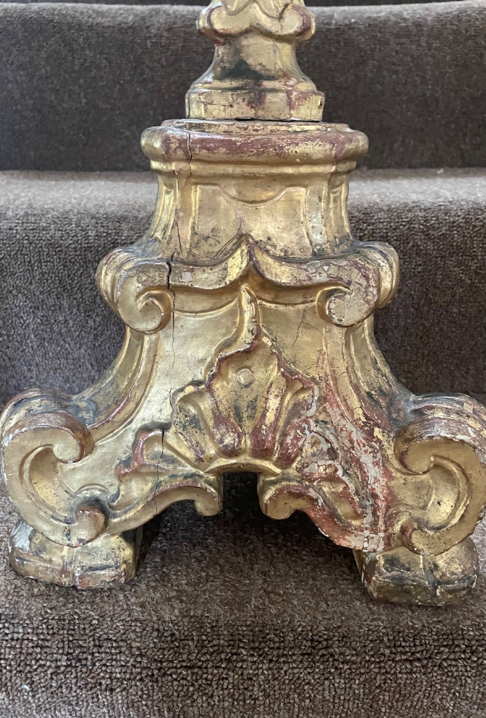 Fine tall pair of C18th Italian carved gilt-wood Baroque altar-style candlesticks.  View III