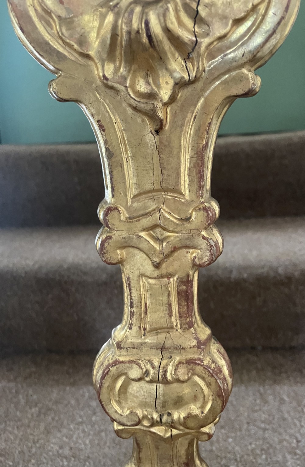 Fine tall pair of C18th Italian carved gilt-wood Baroque altar-style candlesticks.  View IV