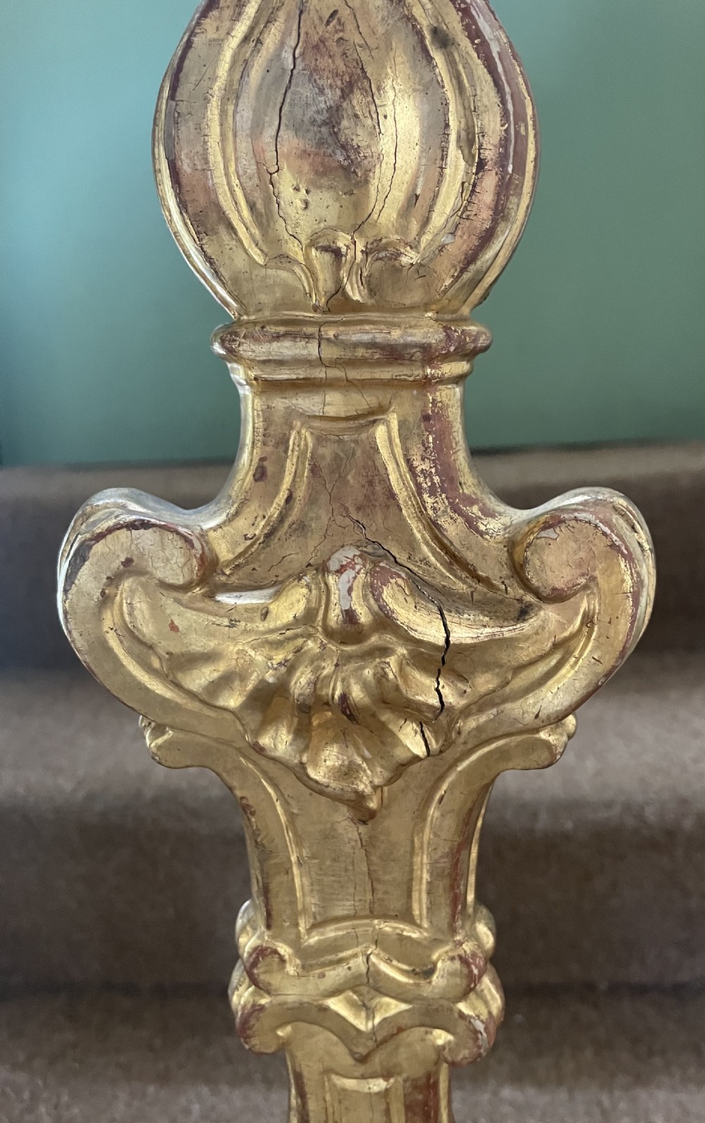 Fine tall pair of C18th Italian carved gilt-wood Baroque altar-style candlesticks.  View VII