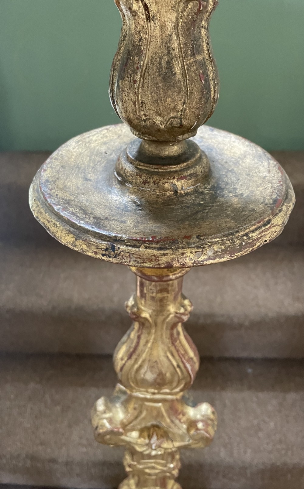 Fine tall pair of C18th Italian carved gilt-wood Baroque altar-style candlesticks.  View IX