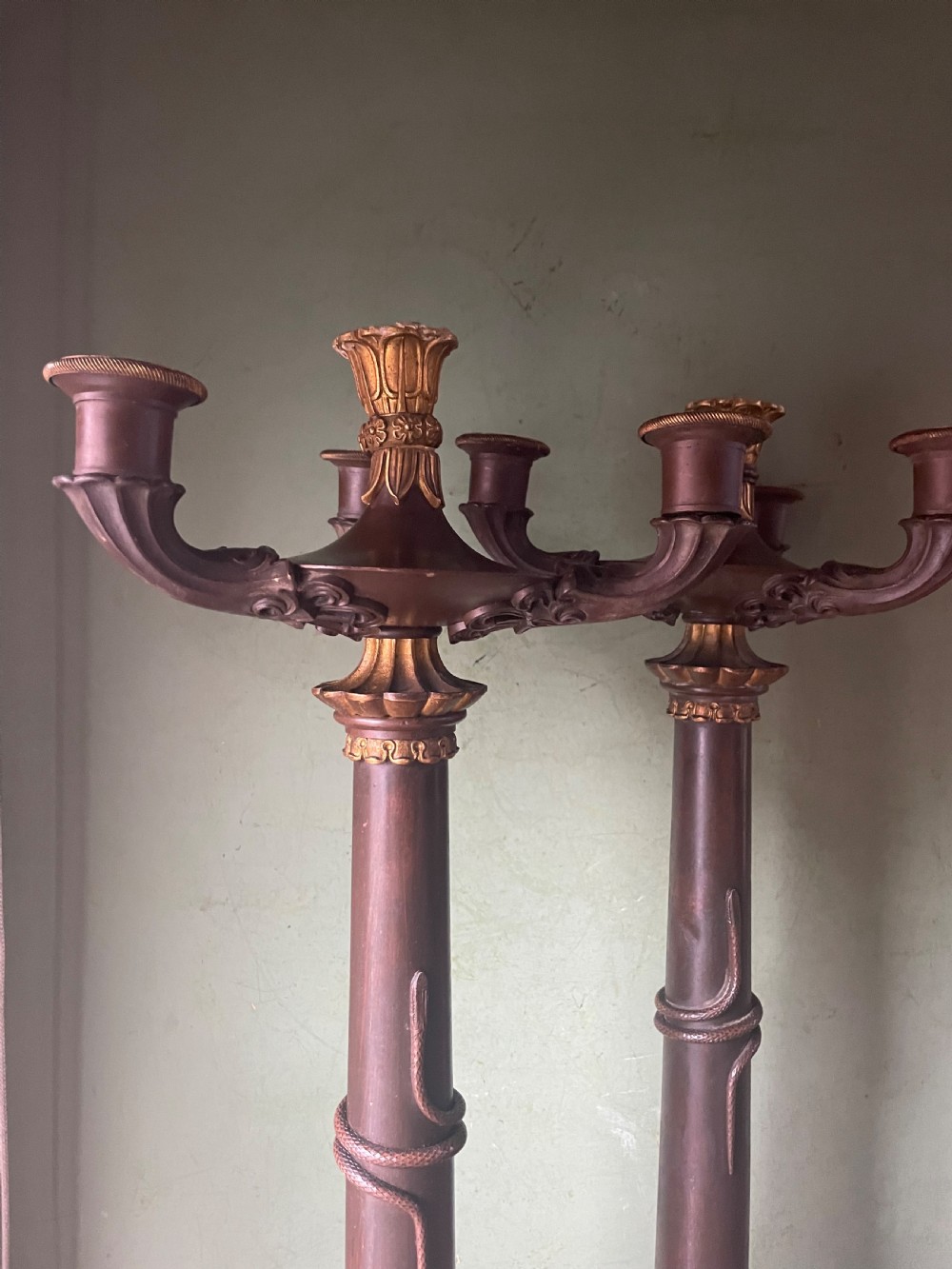 A pair of early nineteenth-century French Restauration patinated bronze and ormolu candelabras with serpent-entwined columns and scroll bases. View V