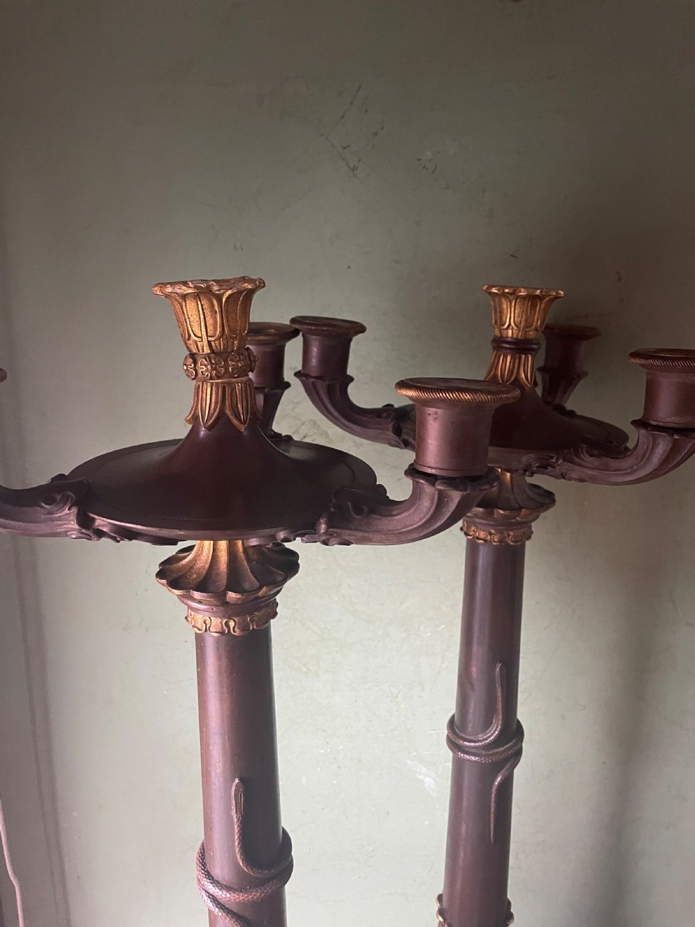 A pair of early nineteenth-century French Restauration patinated bronze and ormolu candelabras with serpent-entwined columns and scroll bases. View X