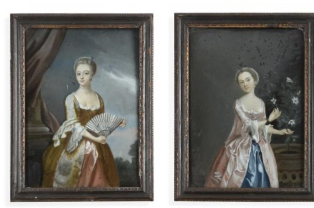 Fine and rare pair of late C18th George III period reverse-painted glass portrait pictures of aristocratic ladies, probably Chinese Export.