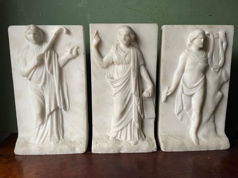 Set of 3 late C18th / early C19th carved statuary white marble panels of classical muses .