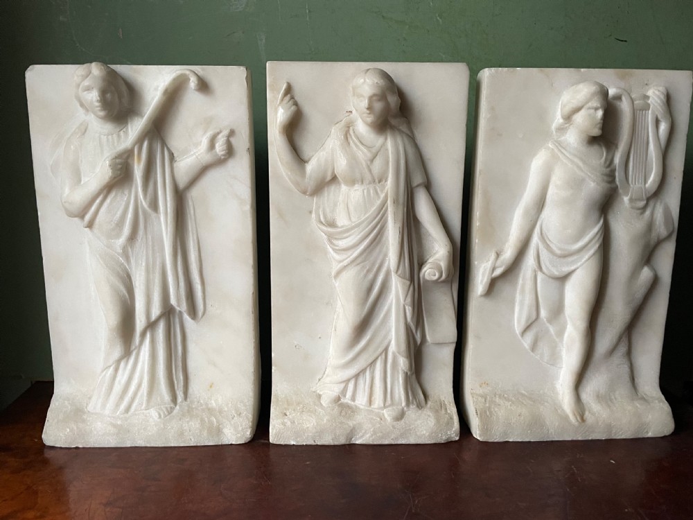 Set of 3 late C18th / early C19th carved statuary white marble panels of classical muses . View II