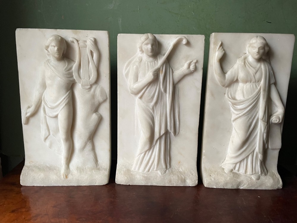 Set of 3 late C18th / early C19th carved statuary white marble panels of classical muses . View III
