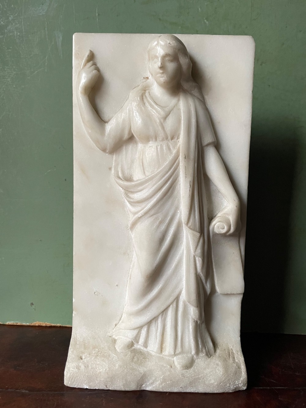 Set of 3 late C18th / early C19th carved statuary white marble panels of classical muses . View V