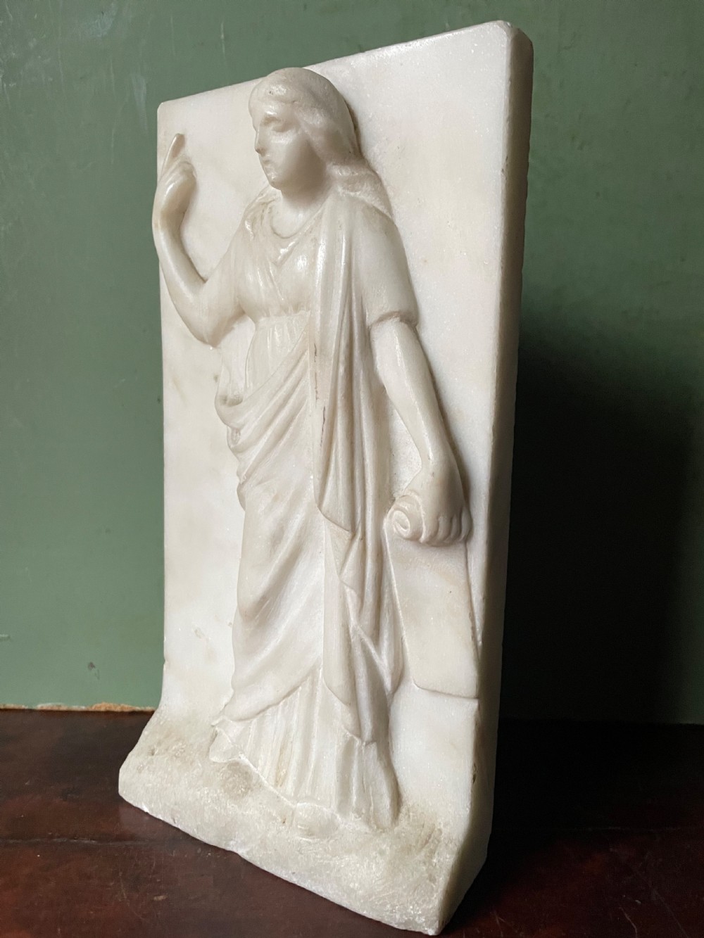 Set of 3 late C18th / early C19th carved statuary white marble panels of classical muses . View VIII