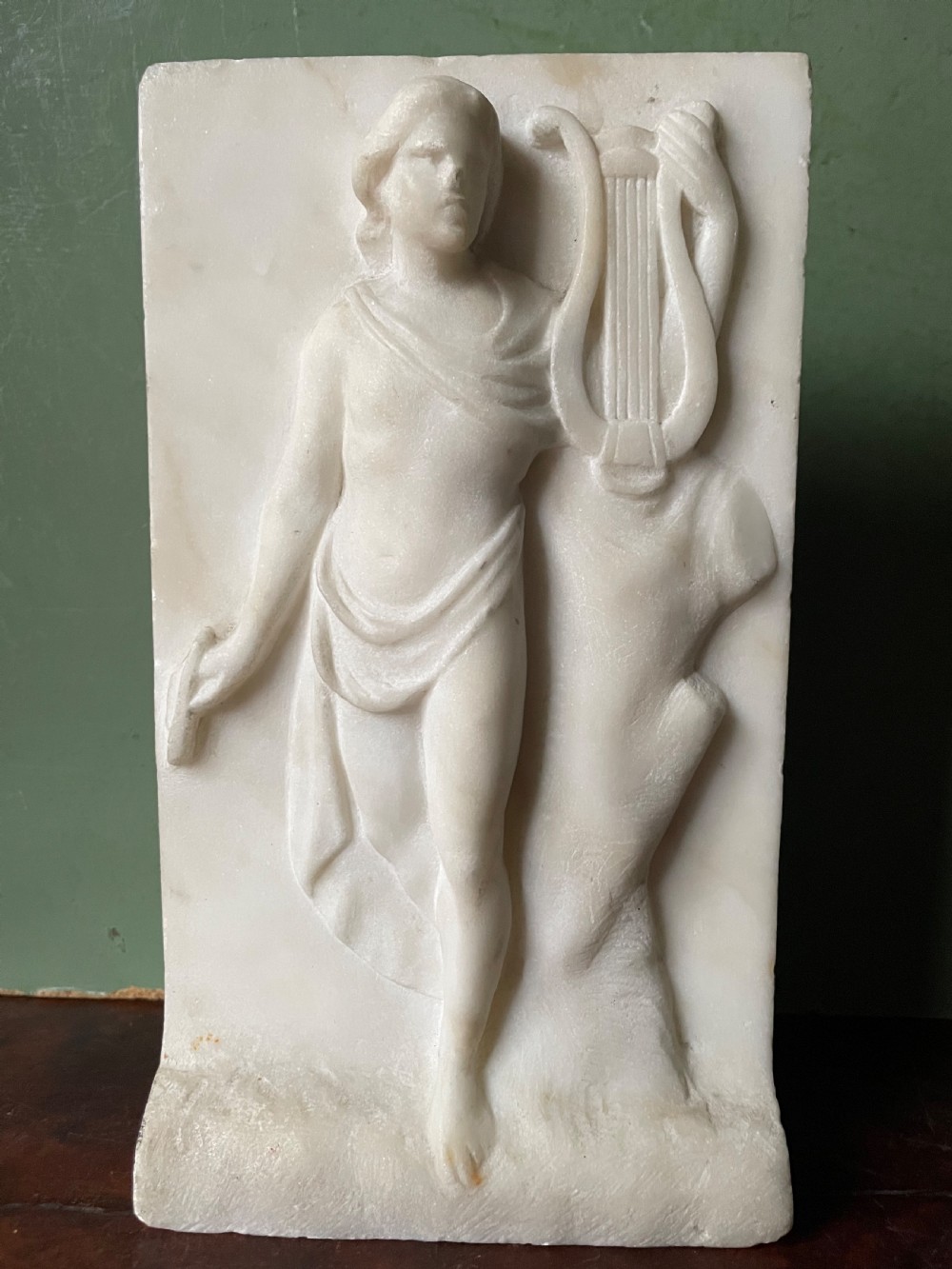 Set of 3 late C18th / early C19th carved statuary white marble panels of classical muses . View IX