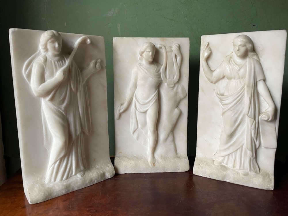 Set of 3 late C18th / early C19th carved statuary white marble panels of classical muses . View XII