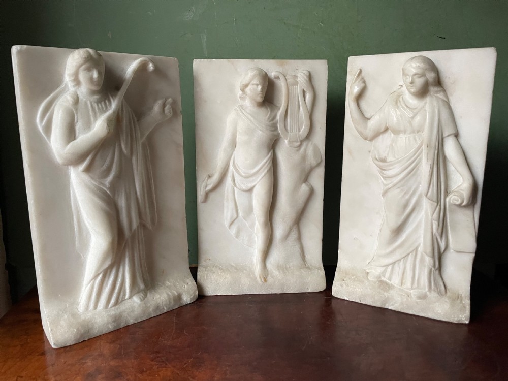 Set of 3 late C18th / early C19th carved statuary white marble panels of classical muses . View XIV