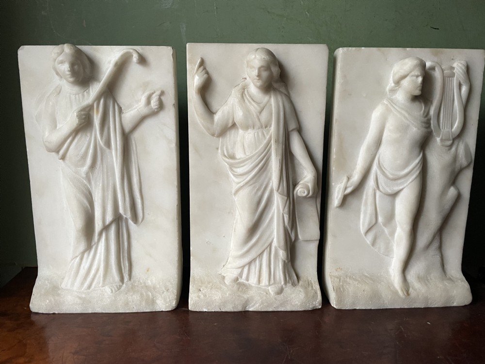 Set of 3 late C18th / early C19th carved statuary white marble panels of classical muses . View XVI