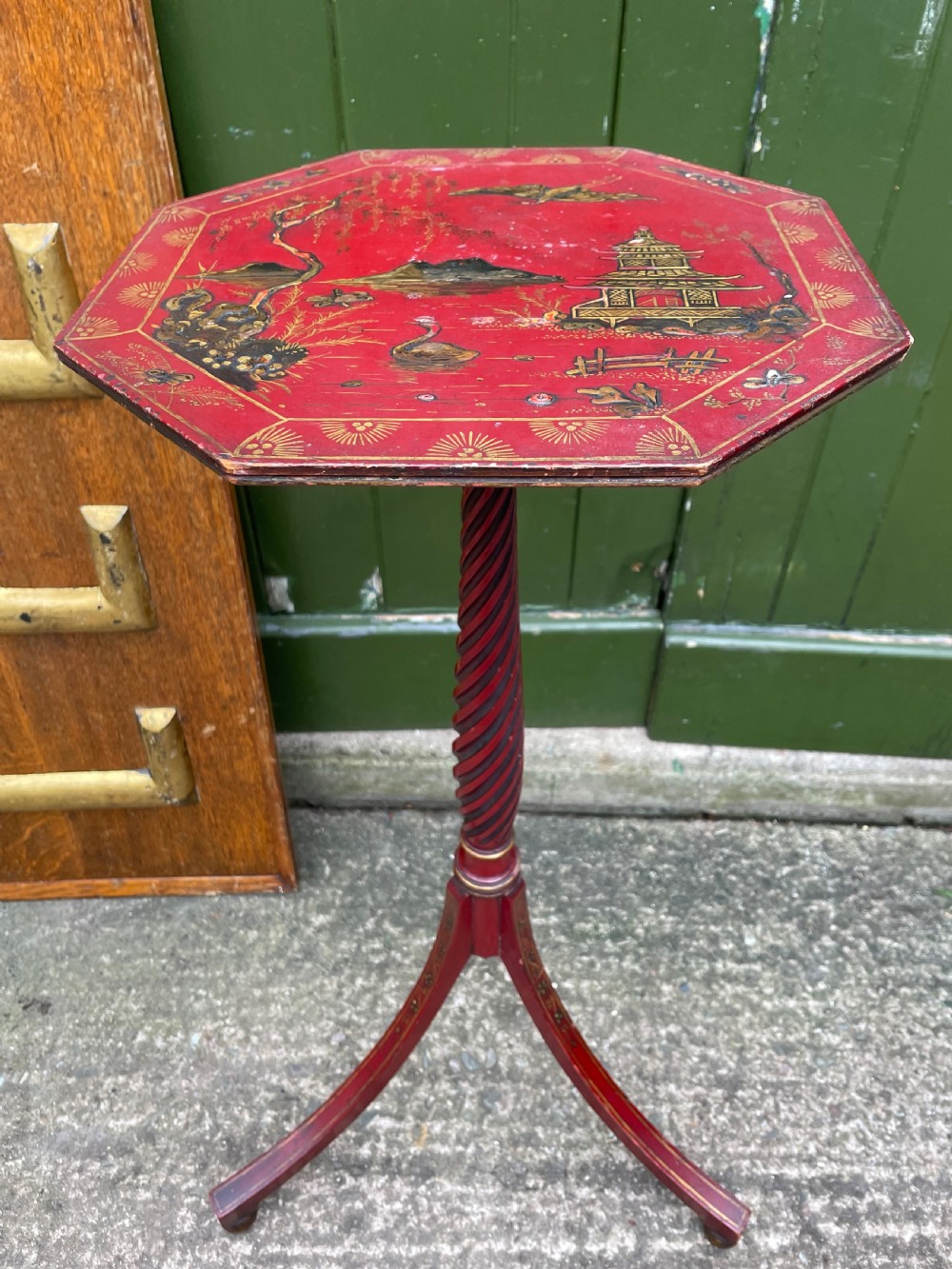 Late 19th / early C20th Chinoiserie decorated vermilion red lacquer tripod table or candlestand in the late C18th George III period style. View III