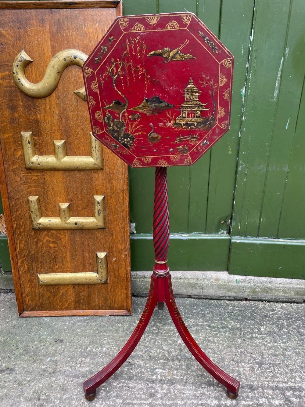 Late 19th / early C20th Chinoiserie decorated vermilion red lacquer tripod table or candlestand in the late C18th George III period style. View IV