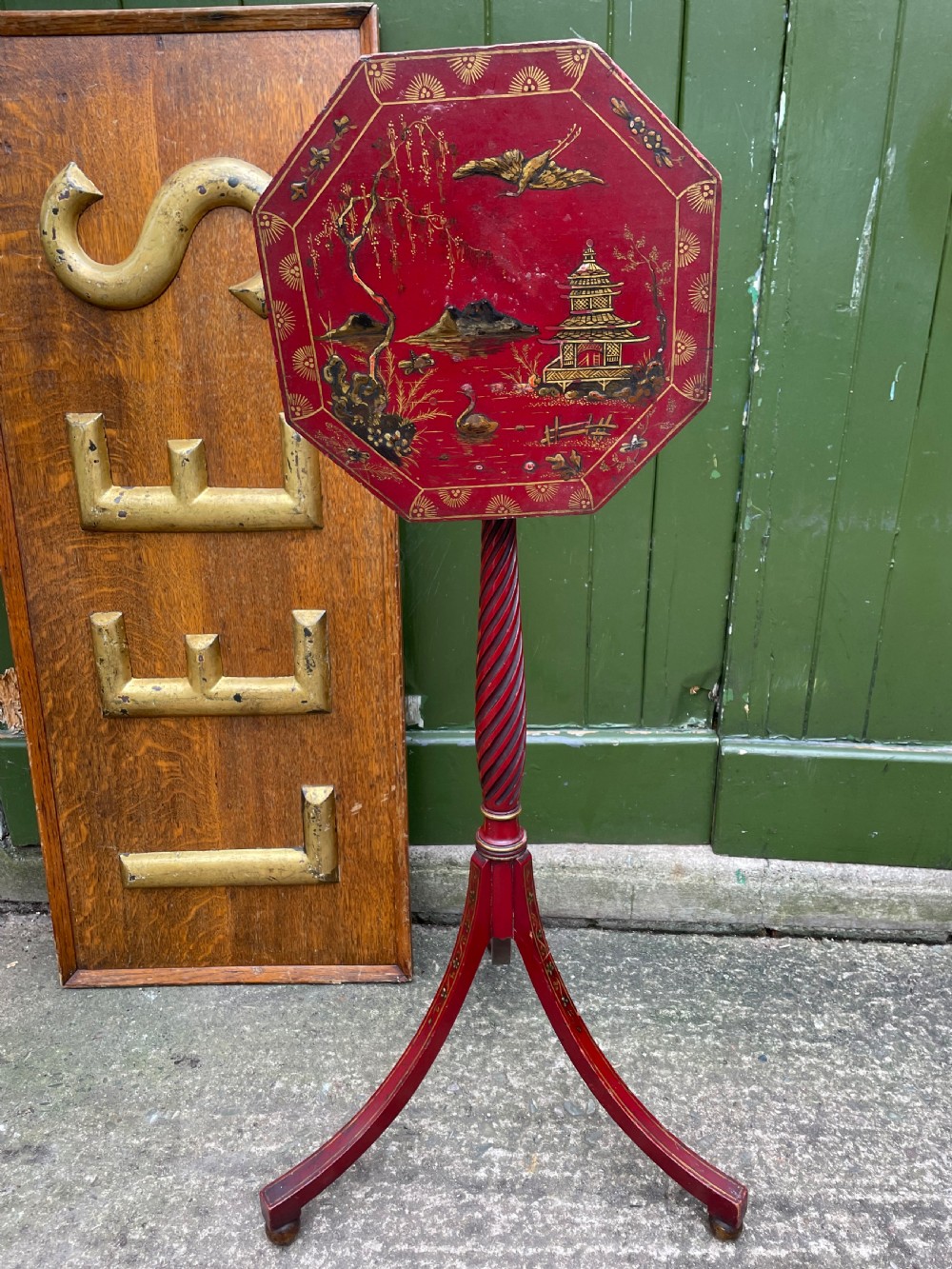 Late 19th / early C20th Chinoiserie decorated vermilion red lacquer tripod table or candlestand in the late C18th George III period style. View V