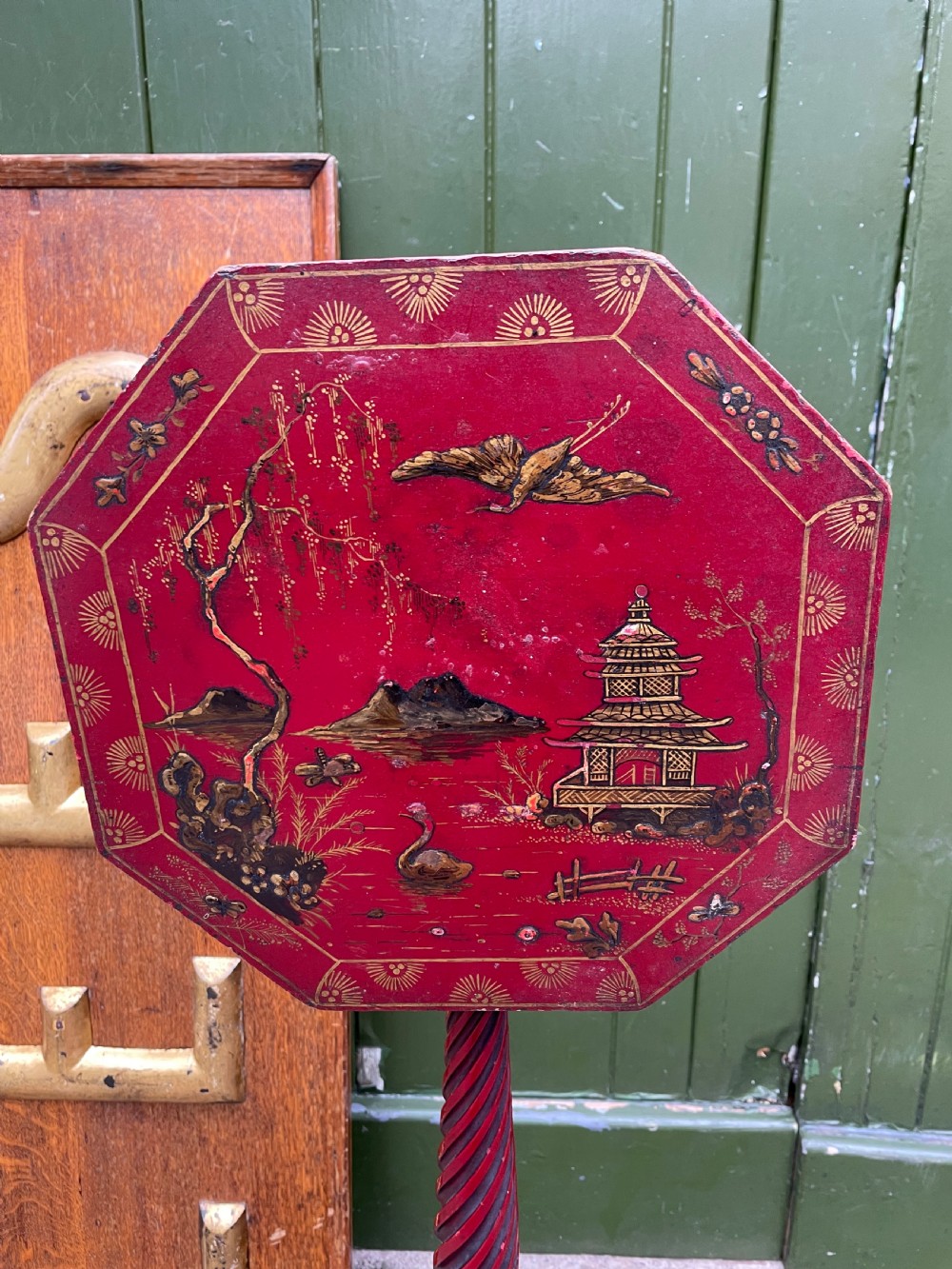 Late 19th / early C20th Chinoiserie decorated vermilion red lacquer tripod table or candlestand in the late C18th George III period style. View VI
