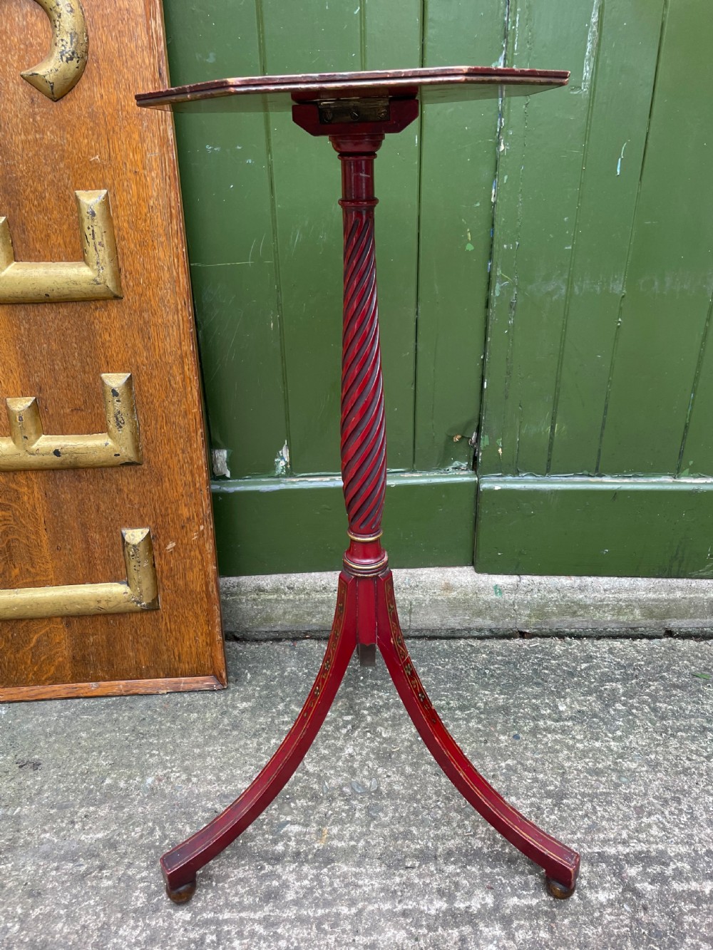 Late 19th / early C20th Chinoiserie decorated vermilion red lacquer tripod table or candlestand in the late C18th George III period style. View VII