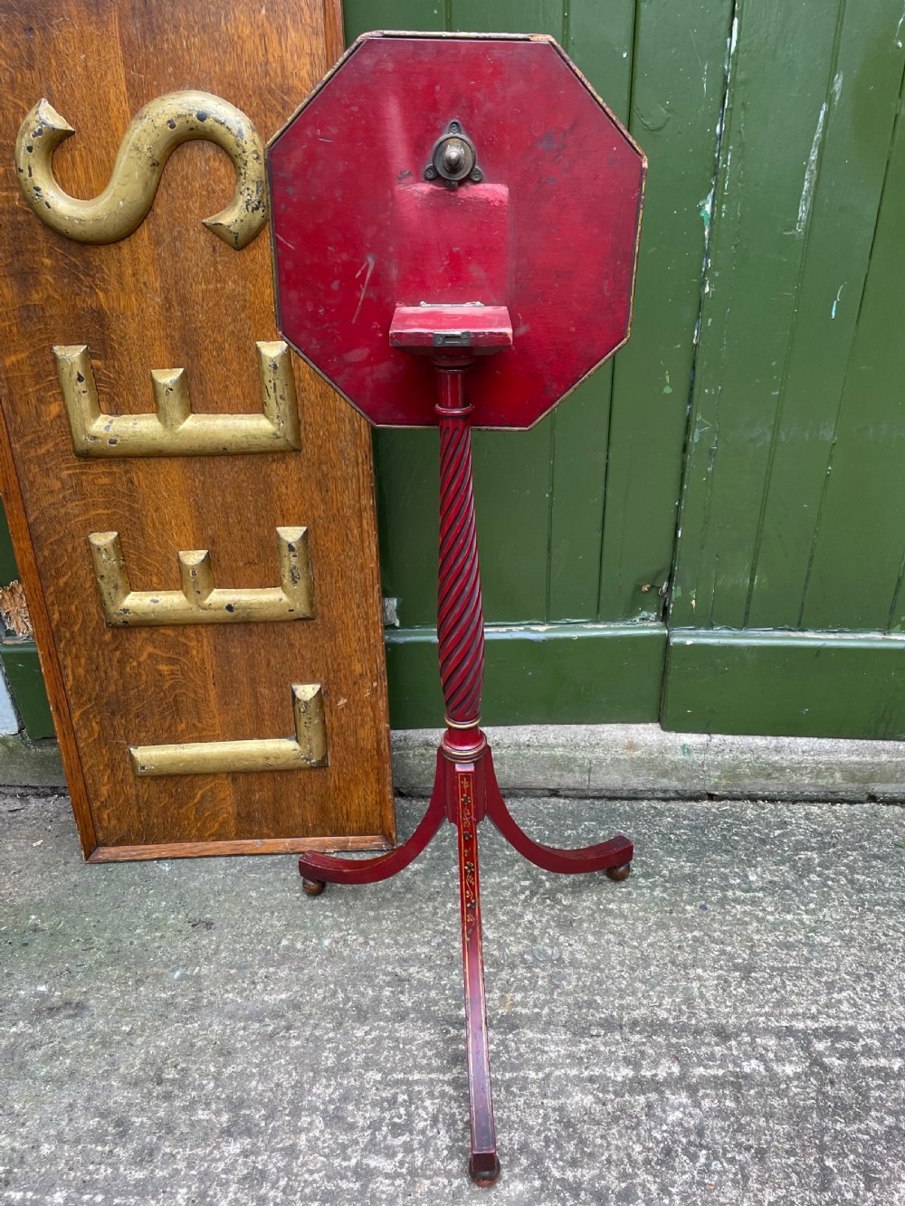 Late 19th / early C20th Chinoiserie decorated vermilion red lacquer tripod table or candlestand in the late C18th George III period style. View VIII