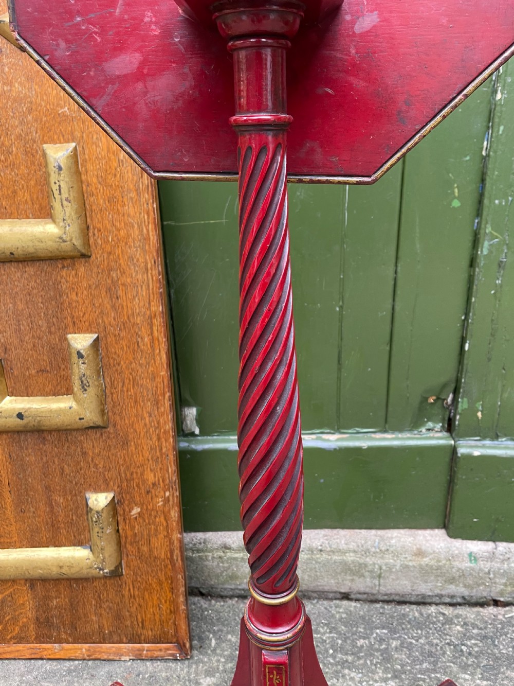 Late 19th / early C20th Chinoiserie decorated vermilion red lacquer tripod table or candlestand in the late C18th George III period style. View IX