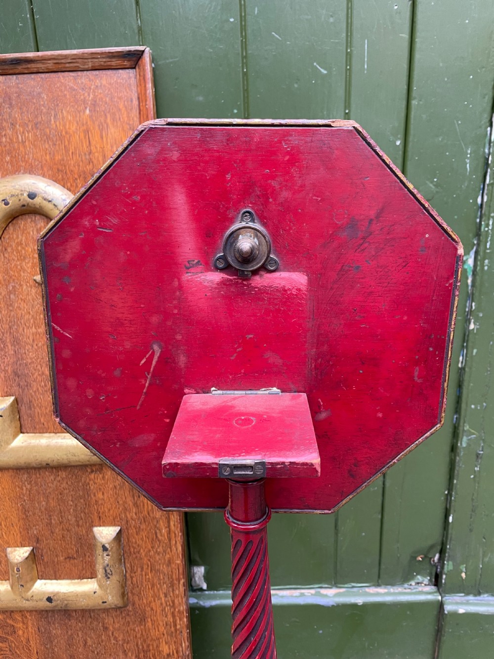 Late 19th / early C20th Chinoiserie decorated vermilion red lacquer tripod table or candlestand in the late C18th George III period style. View X