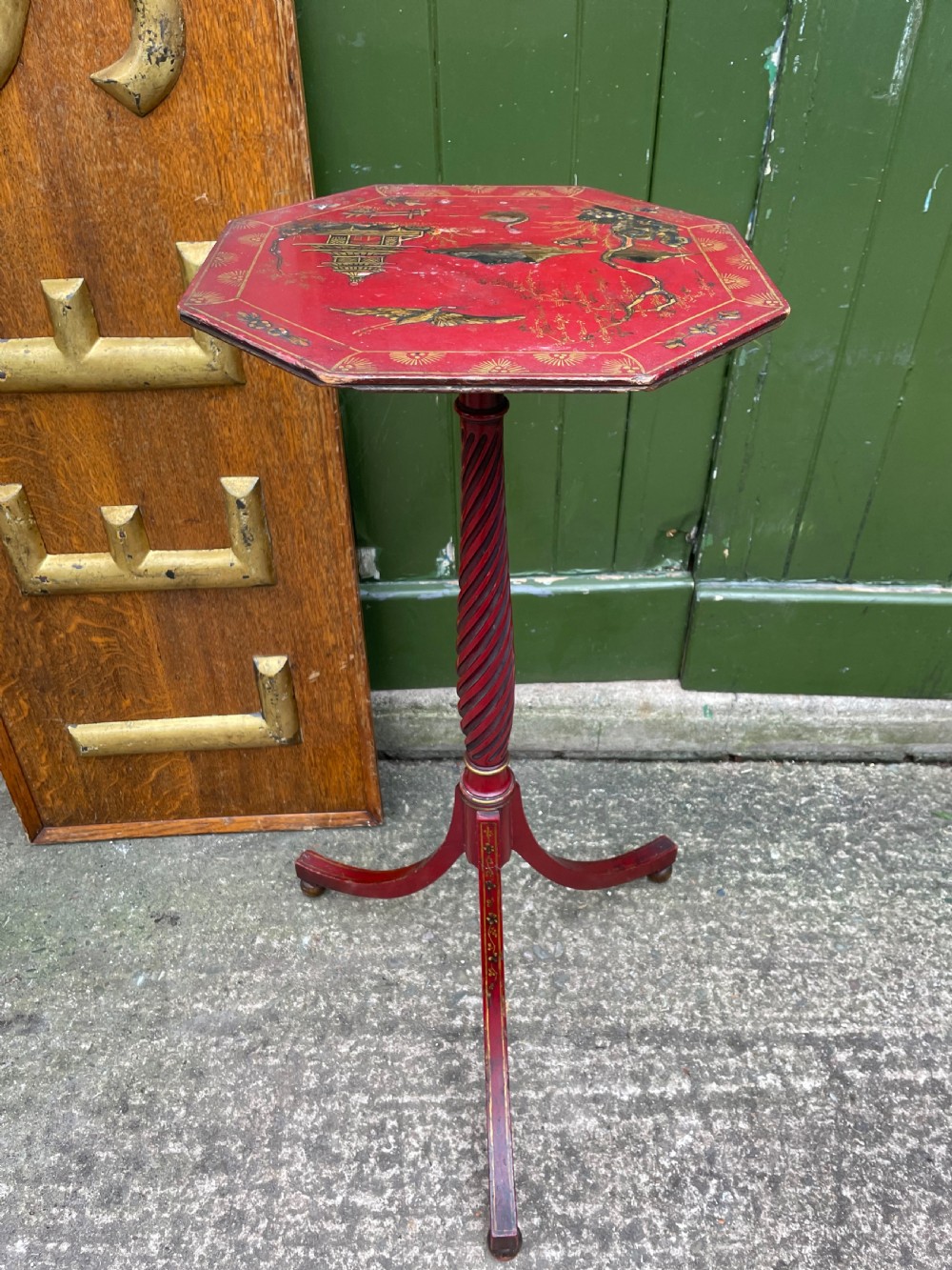 Late 19th / early C20th Chinoiserie decorated vermilion red lacquer tripod table or candlestand in the late C18th George III period style. View XI