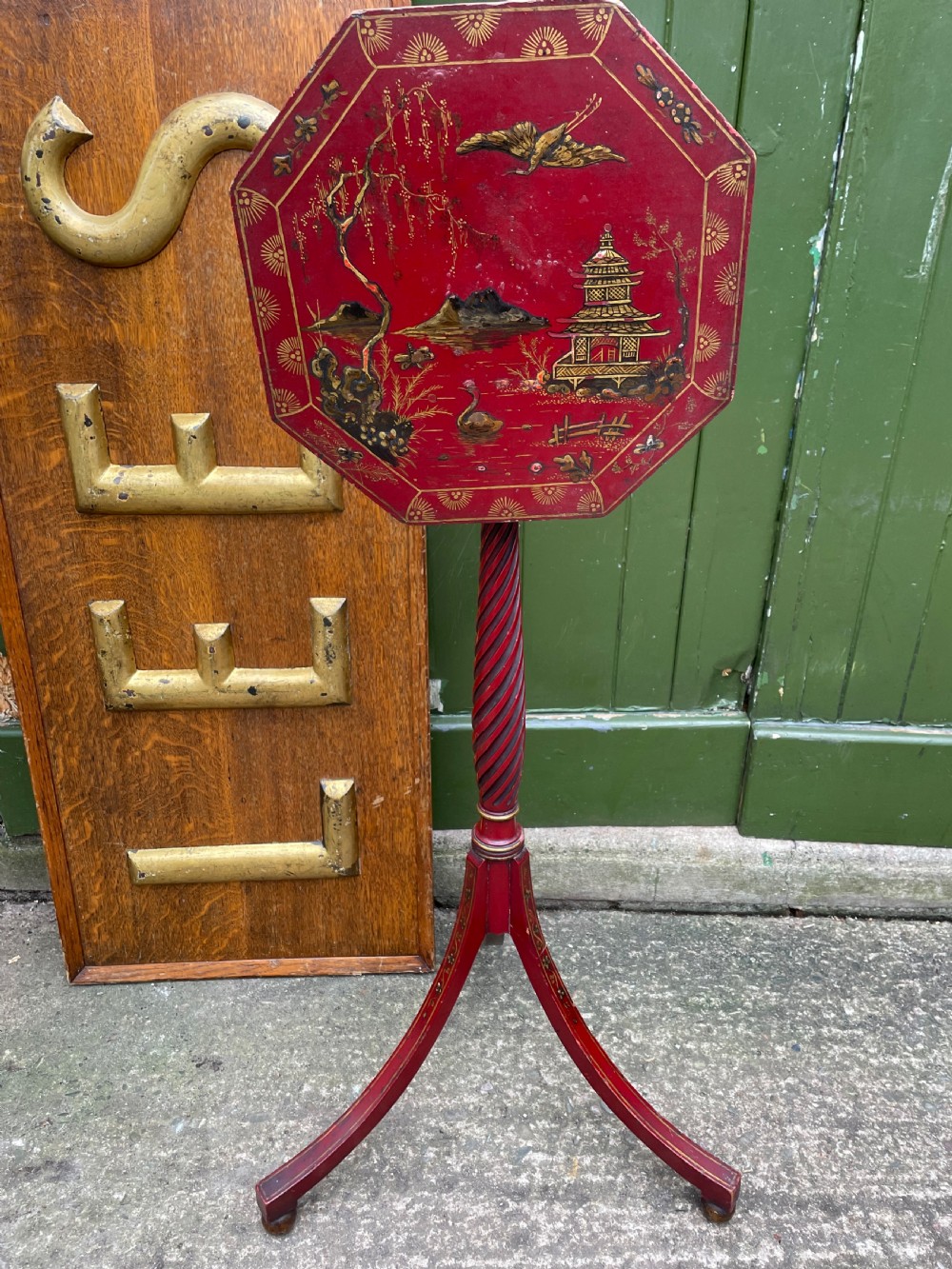 Late 19th / early C20th Chinoiserie decorated vermilion red lacquer tripod table or candlestand in the late C18th George III period style. View XIII