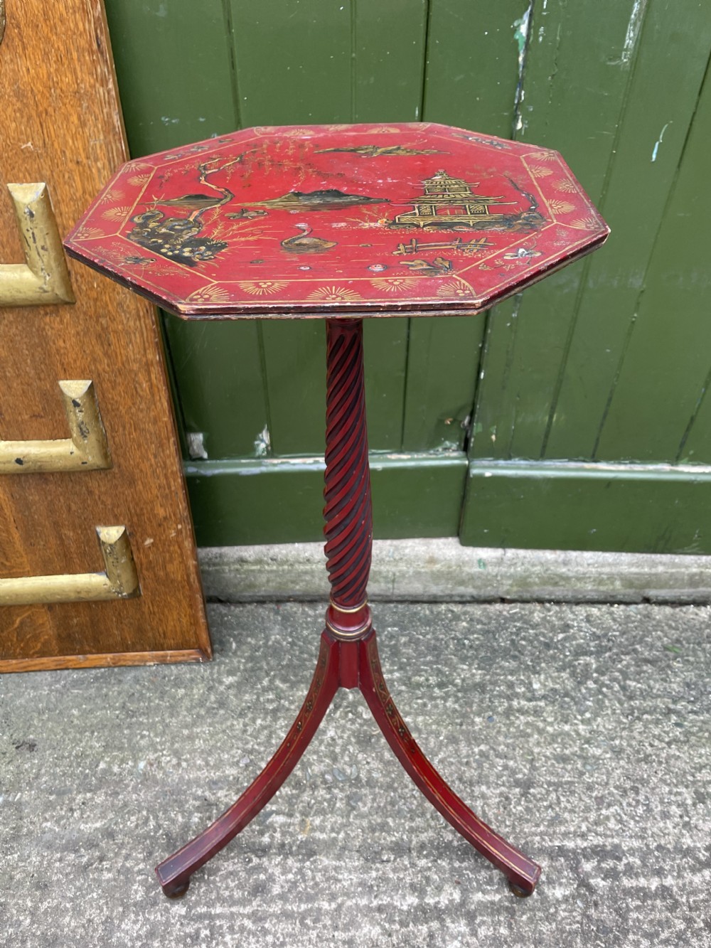 Late 19th / early C20th Chinoiserie decorated vermilion red lacquer tripod table or candlestand in the late C18th George III period style. View XIV