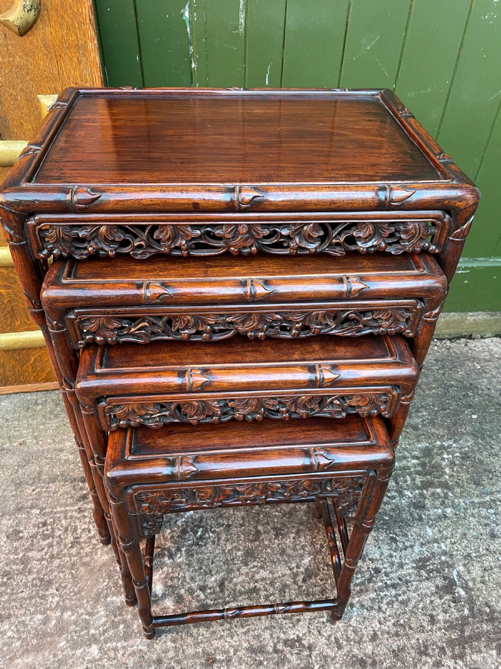 Superior quality late C19th Chinese Qing Dynasty carved hardwood quartetto or nest of tables. View II