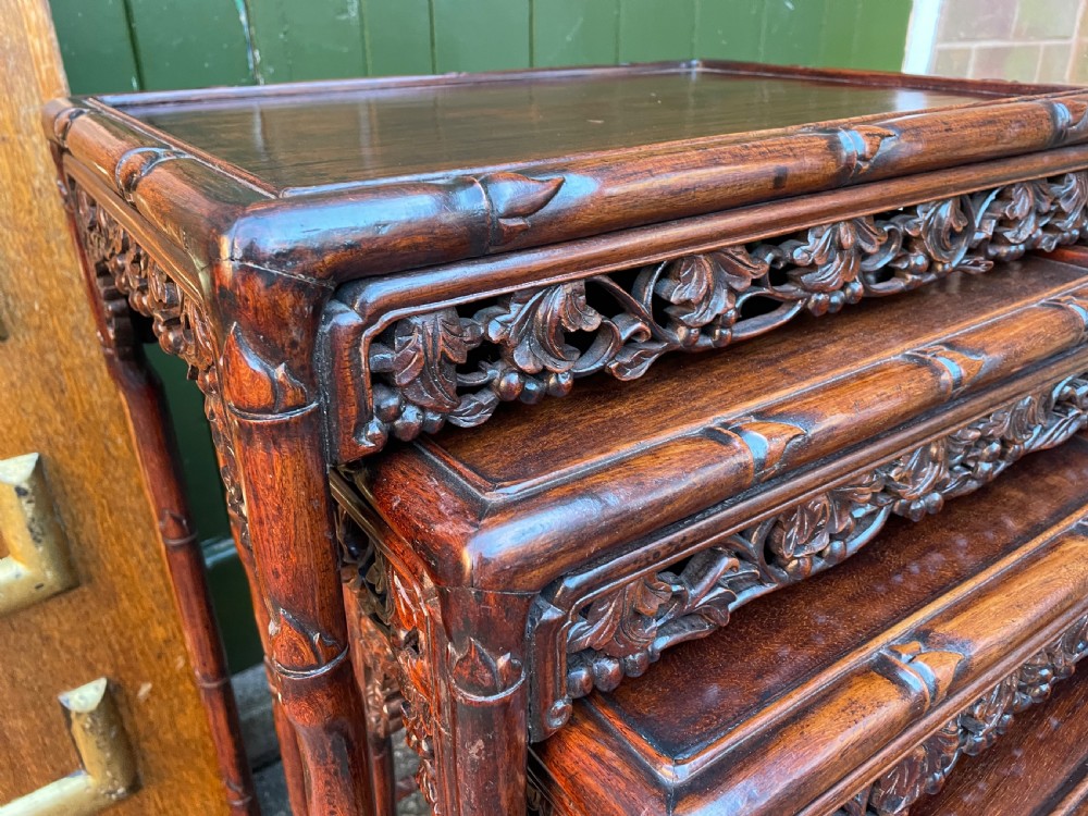 Superior quality late C19th Chinese Qing Dynasty carved hardwood quartetto or nest of tables. View III
