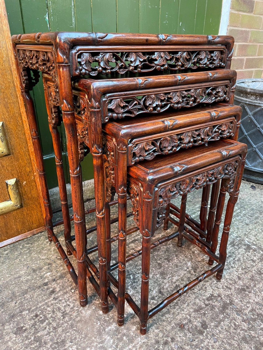 Superior quality late C19th Chinese Qing Dynasty carved hardwood quartetto or nest of tables. View IV