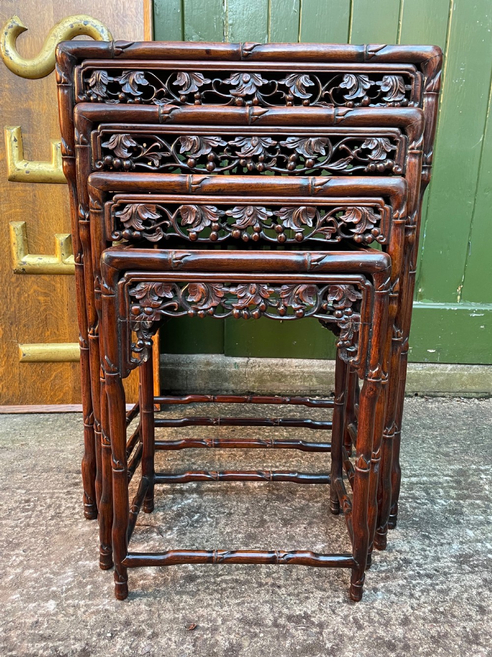 Superior quality late C19th Chinese Qing Dynasty carved hardwood quartetto or nest of tables. View V