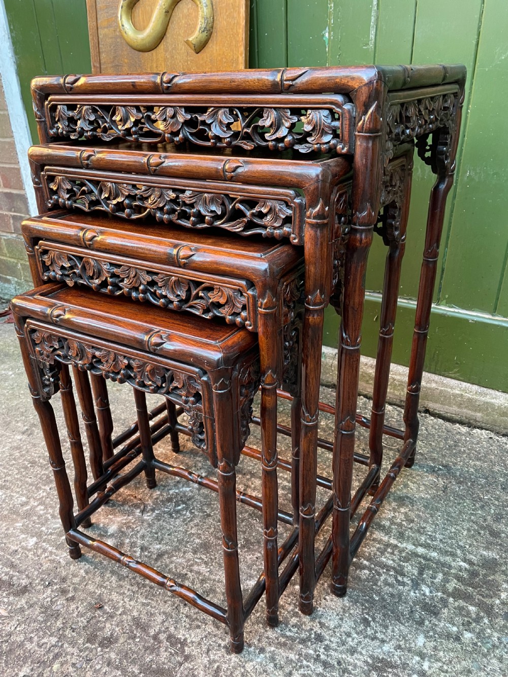 Superior quality late C19th Chinese Qing Dynasty carved hardwood quartetto or nest of tables. View VI