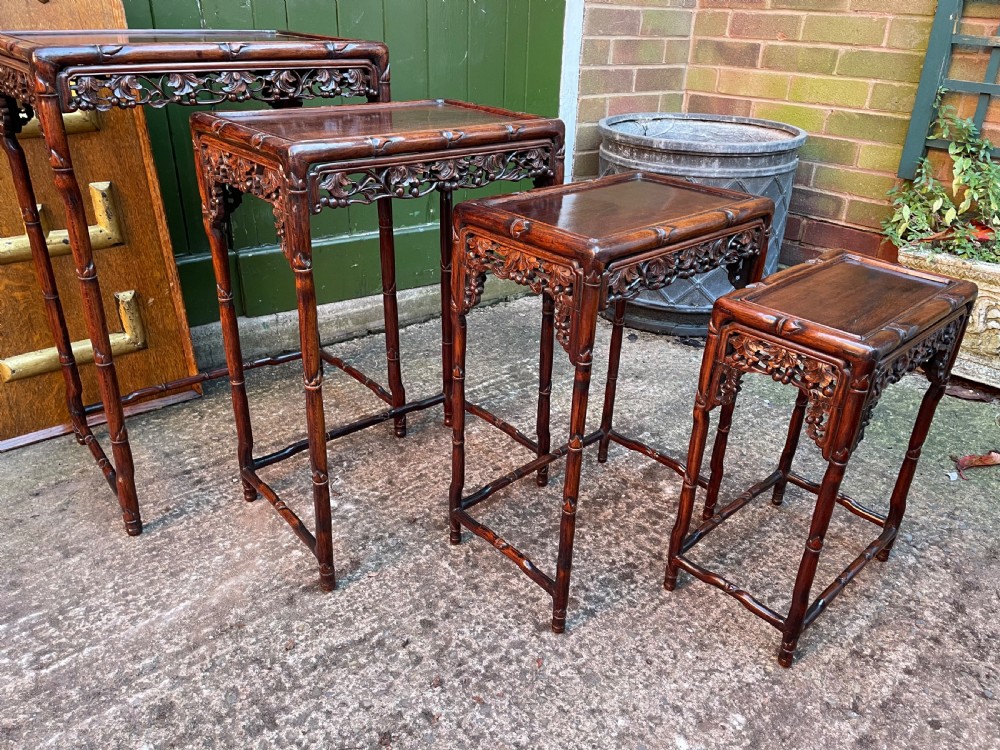 Superior quality late C19th Chinese Qing Dynasty carved hardwood quartetto or nest of tables. View VII
