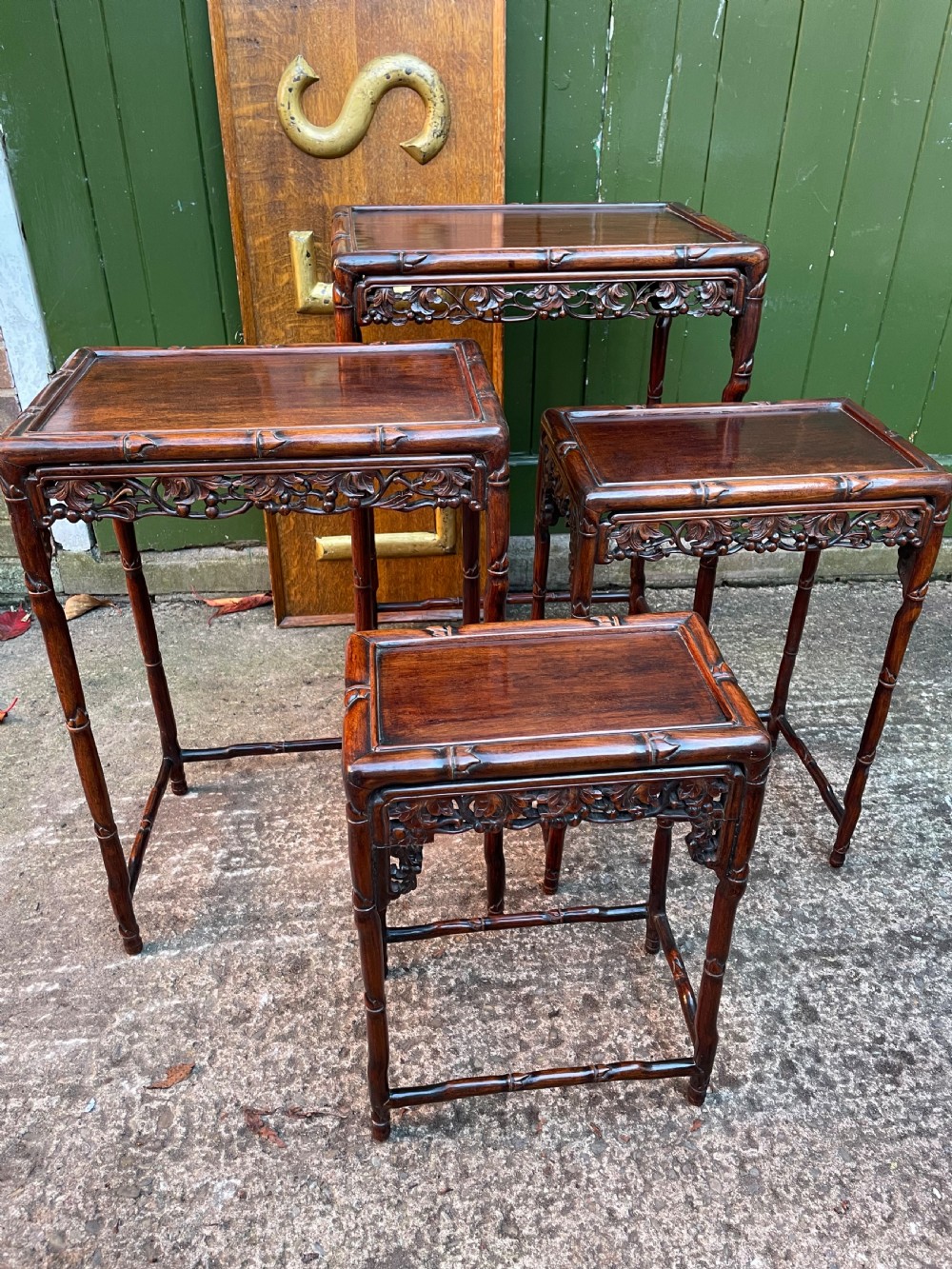 Superior quality late C19th Chinese Qing Dynasty carved hardwood quartetto or nest of tables. View VIII