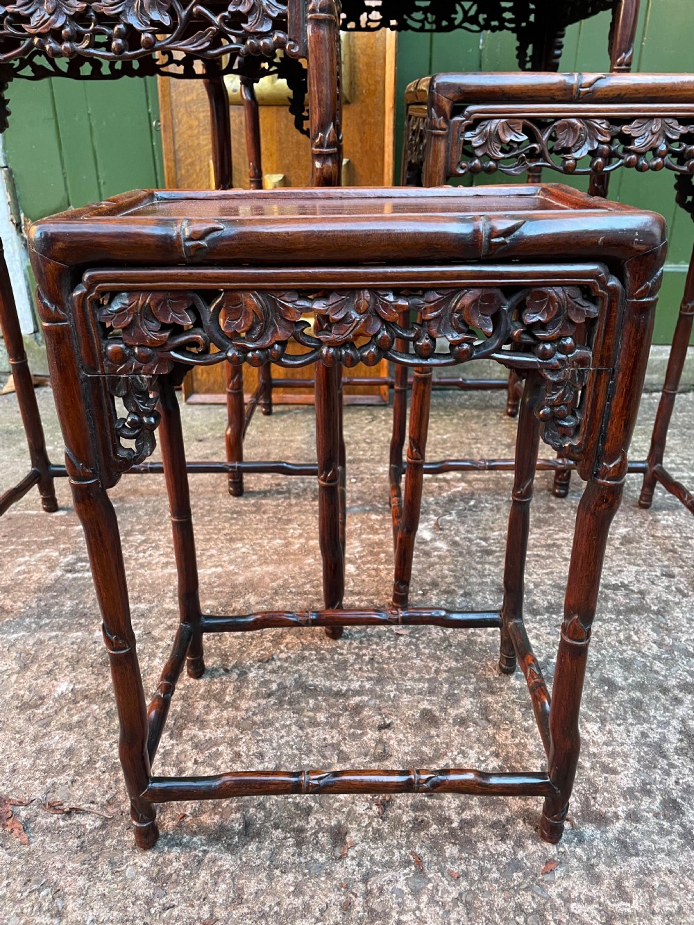 Superior quality late C19th Chinese Qing Dynasty carved hardwood quartetto or nest of tables. View IX