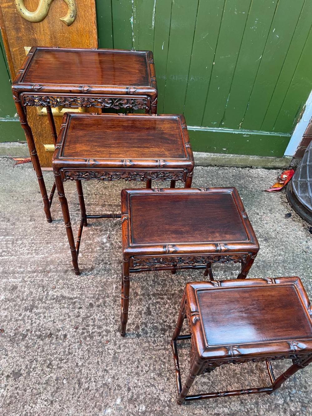 Superior quality late C19th Chinese Qing Dynasty carved hardwood quartetto or nest of tables. View X