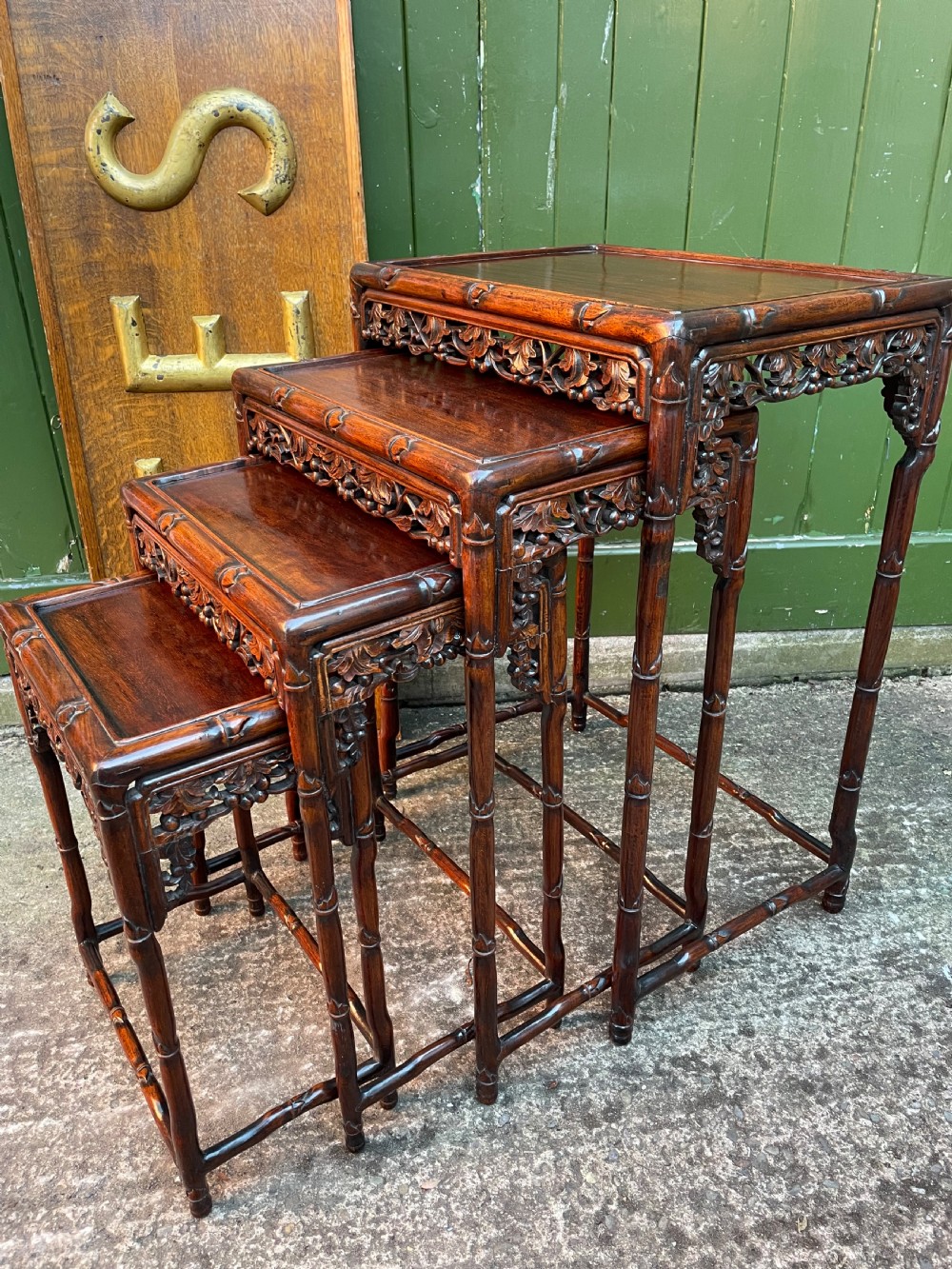 Superior quality late C19th Chinese Qing Dynasty carved hardwood quartetto or nest of tables. View XV